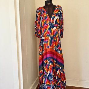FarmRio Rainbow Toucans Chiffon Maxi Dress, size XL